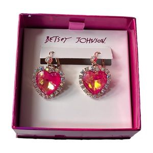 Betsey Johnson Heart Drop Rhinestone Earrings Pink Gold Tone